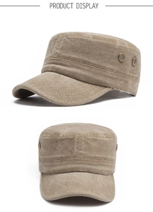 Detail view of khaki washed cotton cadet cap with metal eyelets and stitched brim