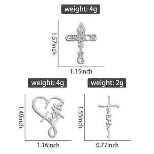 Detailed views of silver cross and heart faith charms with precise weight and size specs