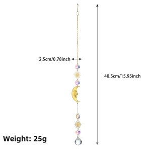 Detailed sun and moon crystal pendant with gold chain and faceted beads hanging