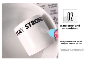 Waterproof test showing a stay strong motivational sticker on a white ceramic mug