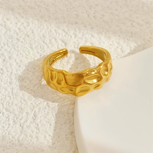 Polished 18k gold plated stainless steel open ring with unique hammered texture design