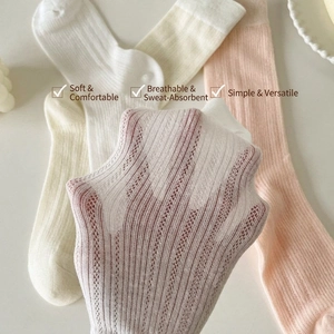 Breathable hollow knit mid-calf socks in white, beige, and pink for summer wear