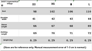 Size chart for asymmetric long-sleeve round neck shirt with detailed measurements