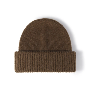 Thick dark brown ribbed knit beanie for men and women featuring a wide folded cuff