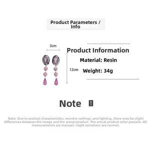 Detailed specs of 12cm purple resin cameo drop earrings with weight and size info