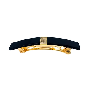 Detailed view of elegant black acetate spring hair clip with sparkling crystal buckle detail