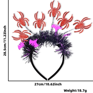Halloween headband dimensions showing height 28.5cm and width 27cm with spider and bat