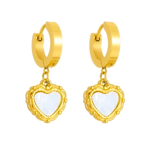 French vintage titanium gold heart earrings with white shell inlay and beaded edges