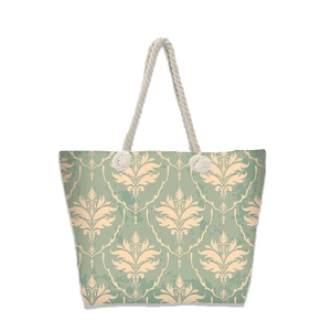 Detail of bohemian beach tote with mint damask pattern and natural jute rope handles
