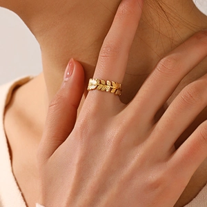 18K gold-plated titanium steel leaf ring with an adjustable open design for women