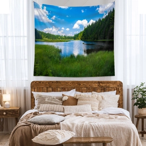 Bohemian nature scenery wall tapestry with forest and lake for bedroom wall decor