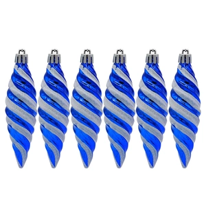 Set of 6 blue and silver spiral textured Christmas ornaments with shiny finish