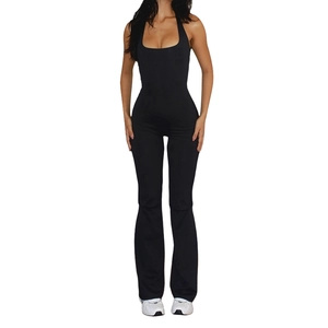 Slim fit black halter neck jumpsuit with flared legs and deep U-neck for women