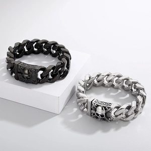 Bracciali da uomo stile gotico con teschio e catena groumette in nero e argento