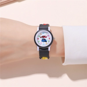 Close-up of kids quartz watch with 3D yellow car on black strap and cartoon dial