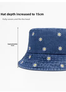 Detailed side view of denim bucket hat with daisy embroidery and 15cm deep crown