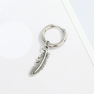 Vintage punk stainless steel earring featuring a detailed wing feather pendant in silver