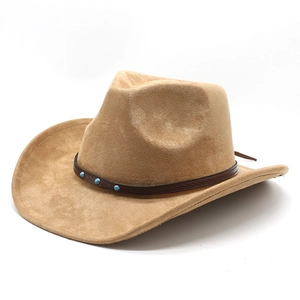 Detailed view of camel faux suede western cowboy hat with turquoise studded leather band