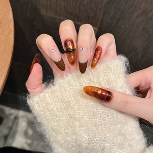 Faux Ongles Longue Amande Texture Ambre Écaille De Tortue Feuilles D'or Strass Dégradé Français Rétro Luxe Pour Femmes