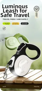 Detail of retractable dog leash with LED light and anti-slip handle on a wooden table