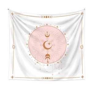 Arazzo bohémien con design sole e luna rosa e stelle su tessuto bianco di qualità