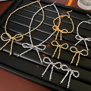 Bowknot Jewelry Necklace Bracelet Earrings Alloy Hematite Minimalist Elegant Style With Silver Earring Post For Women