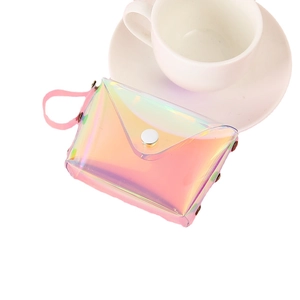 Pink laser PVC coin purse with envelope design and silver snap button for headphones