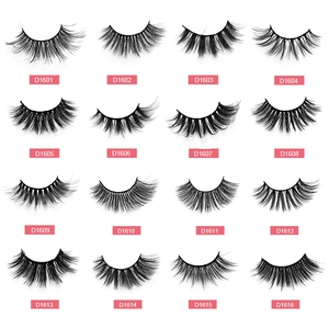 A variety of 16 styles of natural thick false eyelashes with model numbers on white background