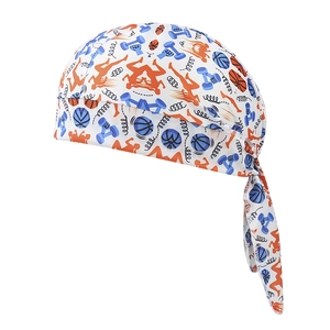 Detail of stretch fabric pirate hat with orange and blue basketball sports patterns