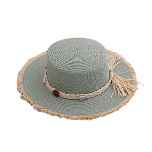 Gray-green straw boater hat with lace tassel brim and decorative shell bead band