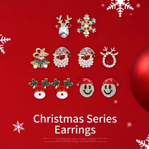Christmas Stud Earrings Alloy Enamel Rhinestone 925 Sterling Silver Earring Post Asymmetric Reindeer Snowflake Festive