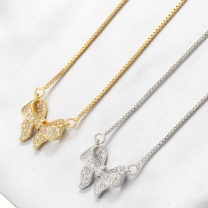 Niche Design Copper Zirconia Bow Knot Pendant Necklace For Women Sweet Inlaid Ribbon Box Chain Clavicle Chain Jewelry Gift