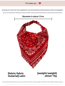 Detail showing red paisley satin headband texture and 17cm diameter size parameters