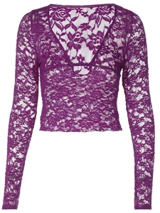 Haut court transparent en dentelle florale violette à manches longues avec col en V