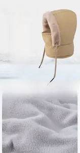 Detail of warm winter hat with windproof fabric and thick fleece lining in khaki