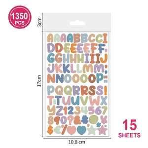 Detail view of 15 sheets colorful alphabet stickers with size dimensions and 1350 pieces count