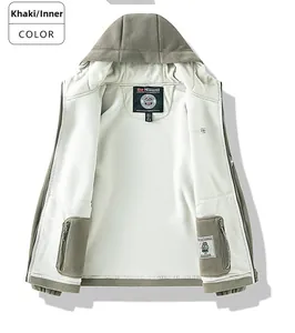 Detail of khaki men's hooded jacket showing white fleece lining and inner zipper pockets