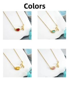 Detail showing tulip pendants in four crystal colors with gold-plated titanium chain