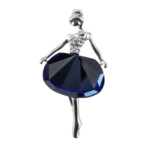 Elegant silver ballet dancer brooch with sparkling rhinestones and deep blue crystal