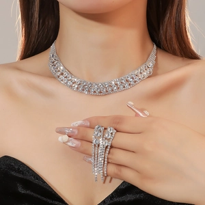 Luxury Sparkling Rhinestone Necklace And Tassel Earrings Bridal Wedding Prom Formal Copper Base Silver Color Women