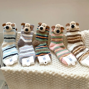 Detailed view of thick coral fleece winter socks with 3D cartoon dog ears in five colors