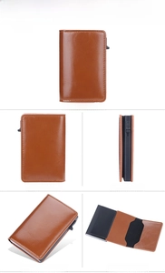 Brown oil wax leather RFID card holder with automatic pop-up aluminum box mechanism