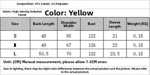 Size chart for the puff sleeve shirt made of 97% cotton and 3% polyester in yellow fabric