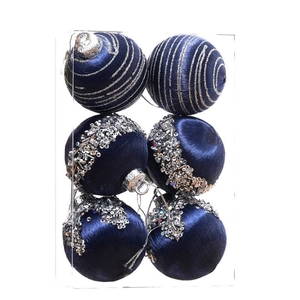 6-piece set of blue Christmas foam balls with glitter and thread design in a clear box