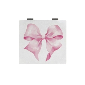 Portable luxury foldable makeup mirror with a pink watercolor bow on a square white case