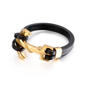 Nautical Anchor Leather Bracelet Men Stainless Steel Cross Multi Layer Braided Rope Jewelry Black Gold Fashion Gift