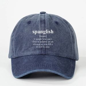 Navy blue washed cotton baseball cap featuring printed Spanglish dictionary definition