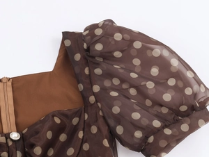 Detail view of brown organza midi dress with polka dots, pearl button and back zipper