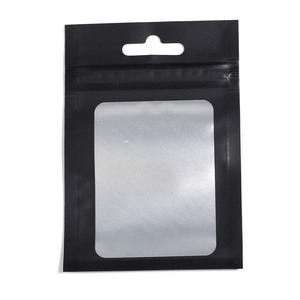 Detail view of black matte zip lock bag with clear window and hanging hole for jewelry