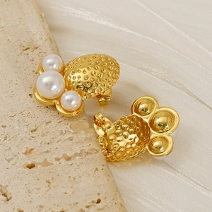 18K gold plated stainless steel pearl cluster stud earrings on elegant silk background